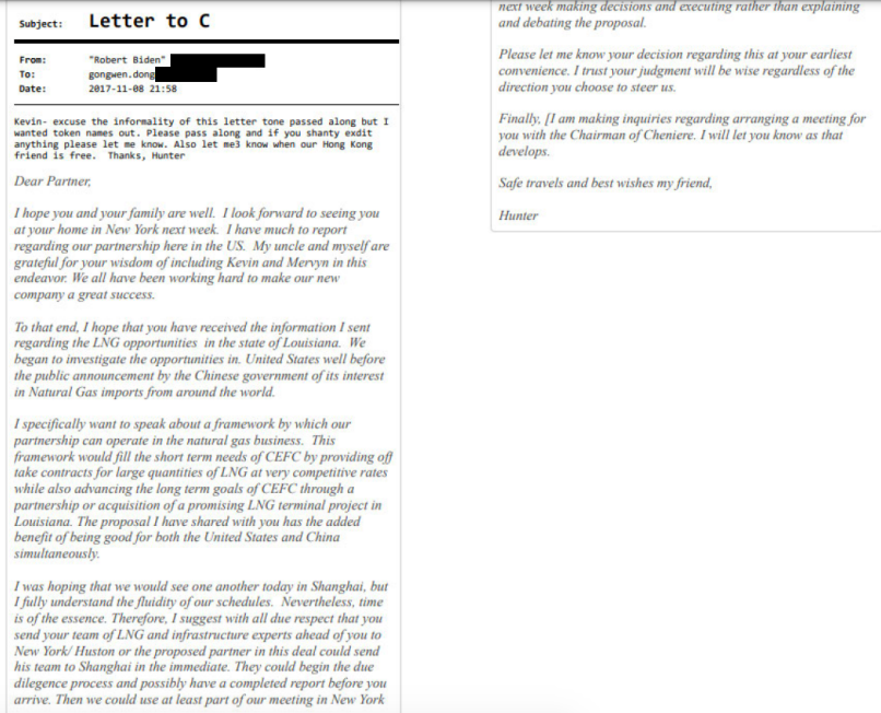 Email from R. Hunter Biden to Gongwen Dong (a:k:a, Kevin), CEFC emissary, to be forwarded to Ye Jianming, founder and chairman of CEFC China Energy Company Limited